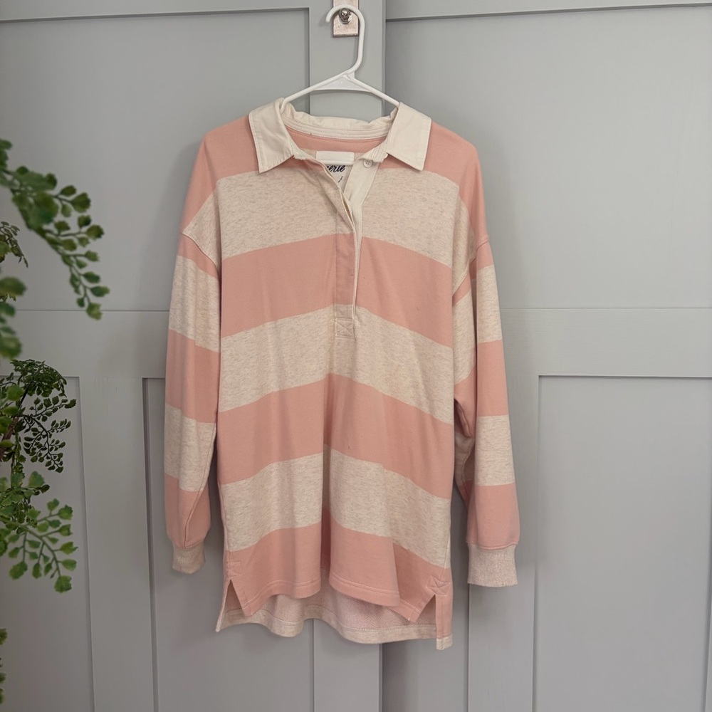 Aerie Pink & White Striped oversized polo Shirt - Picture 2 of 4